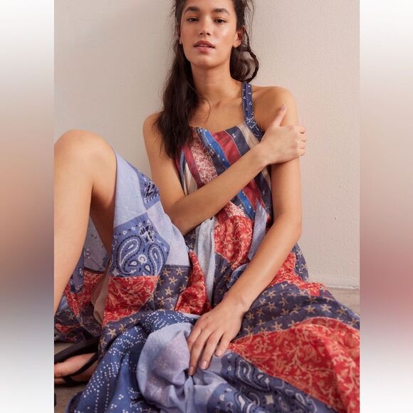 Free People We the Free Heritage Patchwork Maxi Dress in Americana Combo - Picture 2 of 13
